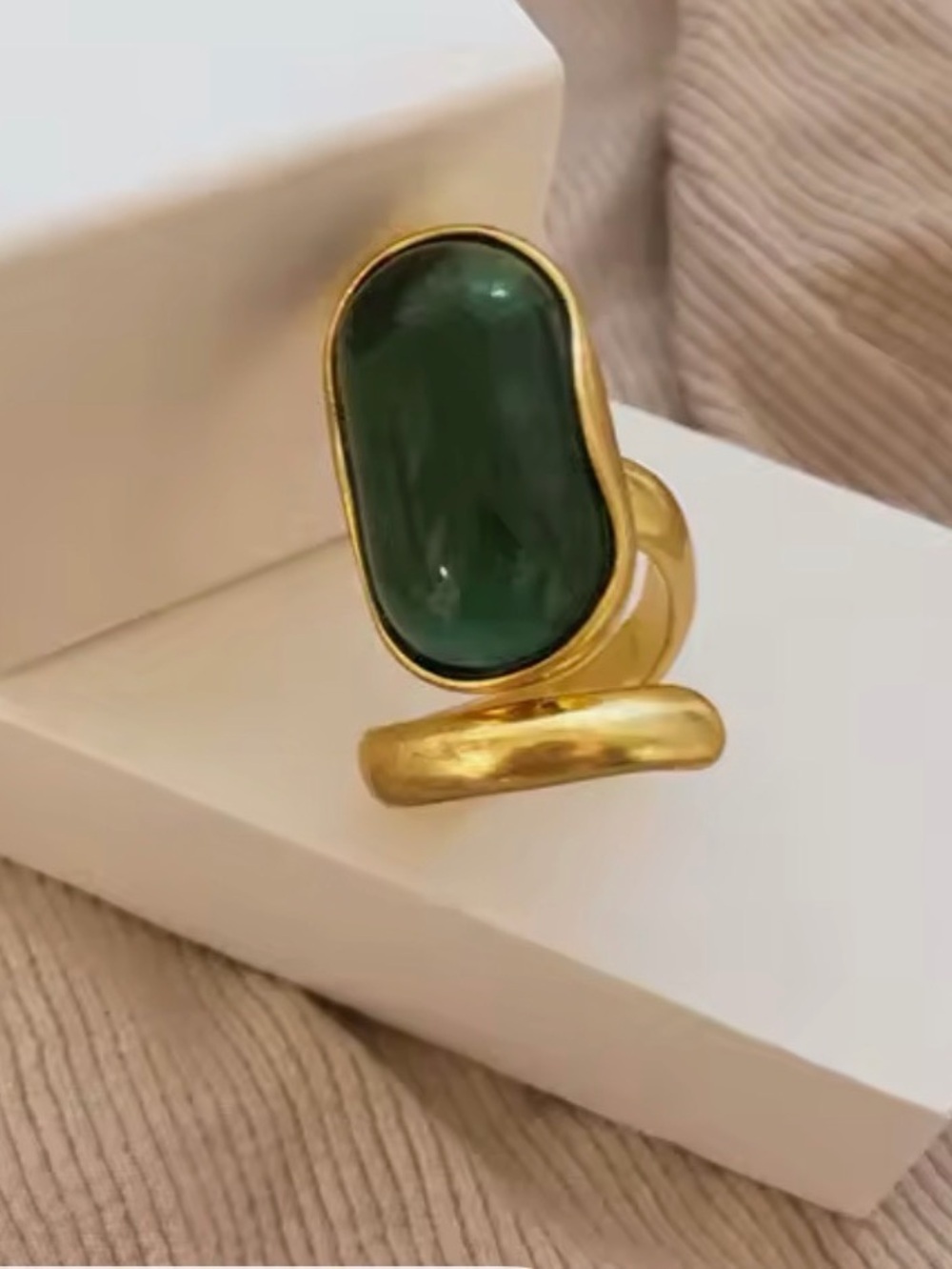 Gold Plated Emerald Green Statement Ring Chunky Modern Cocktail S925 Stamped
